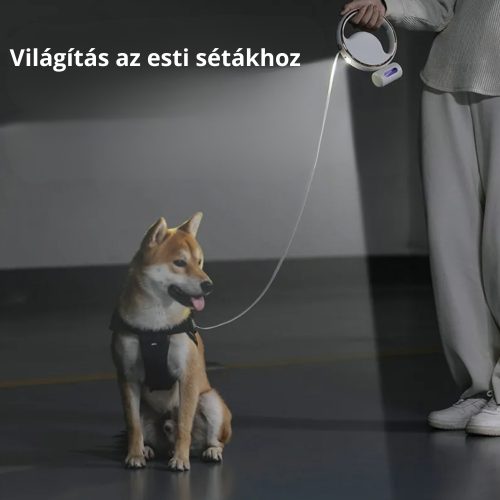 LumiWalk™ automata kutyapóráz – világítással & kakizacsi tartóval (Fehér–Arany)